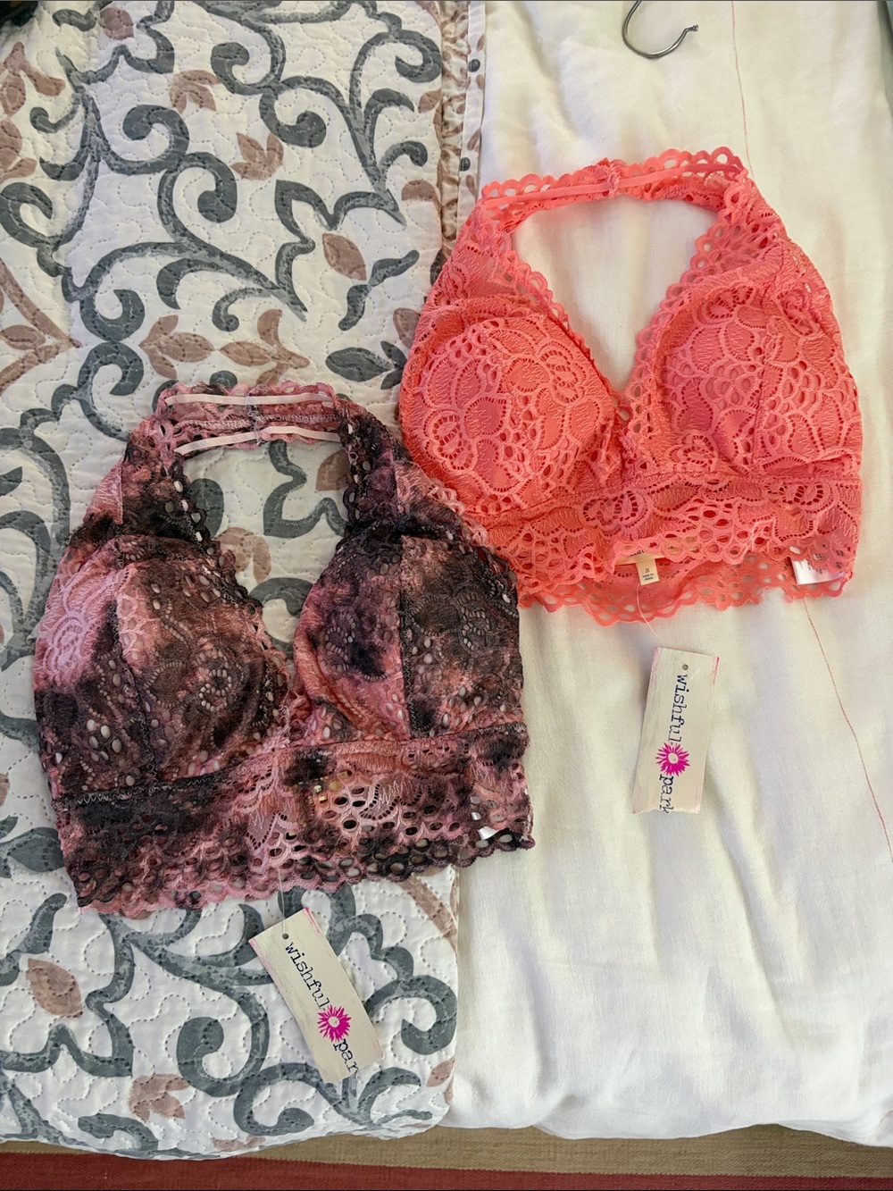 Wishful Park Coral Lace Bralette & Pink-Black Tie-Dye Lace Bralette Set